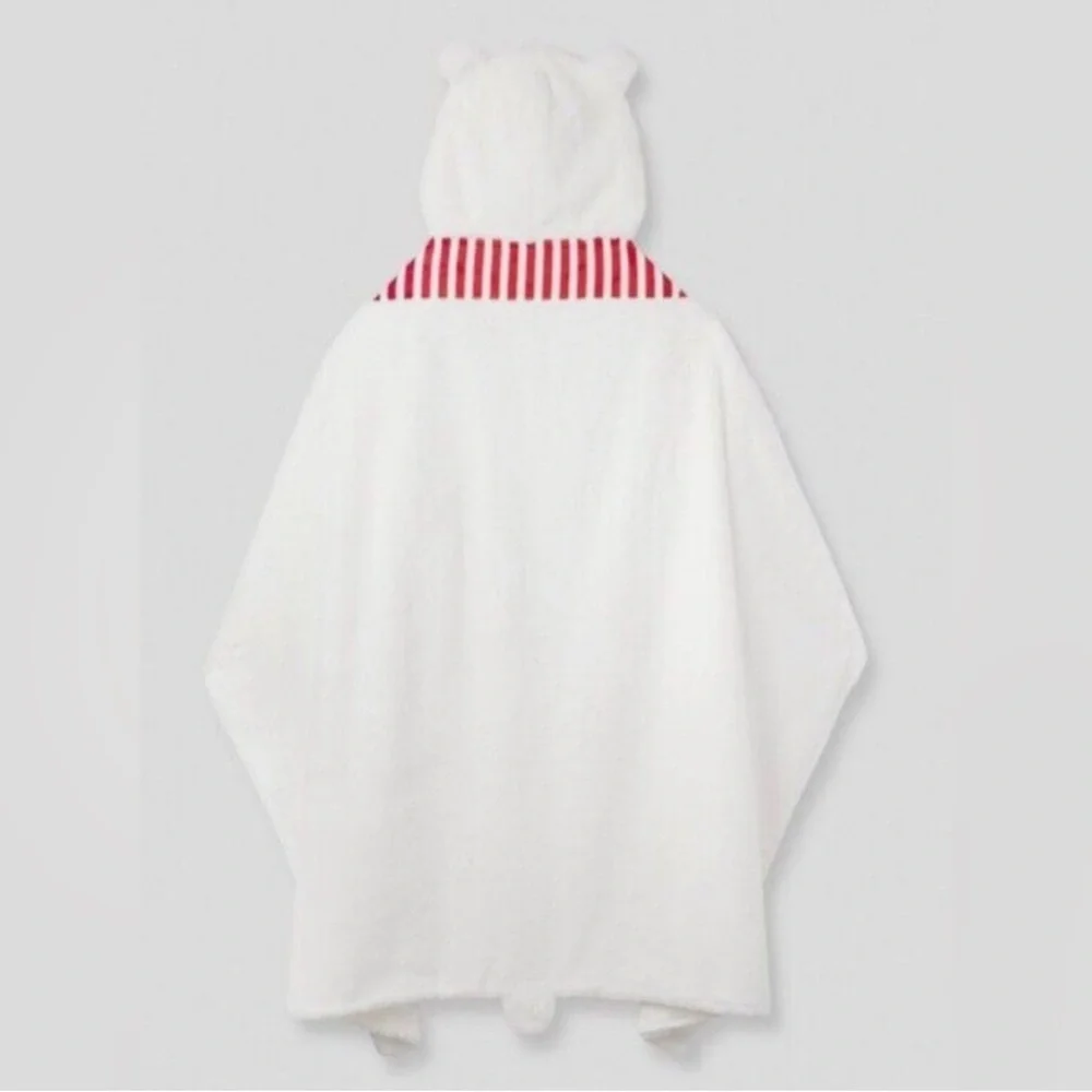 Cozy White Bear Hooded Wrap Blanket with Red Stripes NWOT